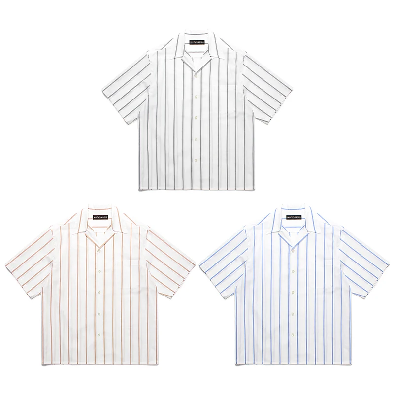 

High Quality Trendy Hawaiian Wacko Maria Shirts White Grey Striped Short-sleeve Button Pocket Casual Shirt