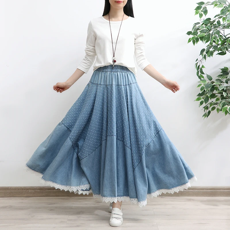 

TIYIHAILEY 2024 Long Maxi A-line Skirt Women Elastic Waist Summer Spring Lace And Denim Patchwork Jeans Vintage Big Hem Skirts