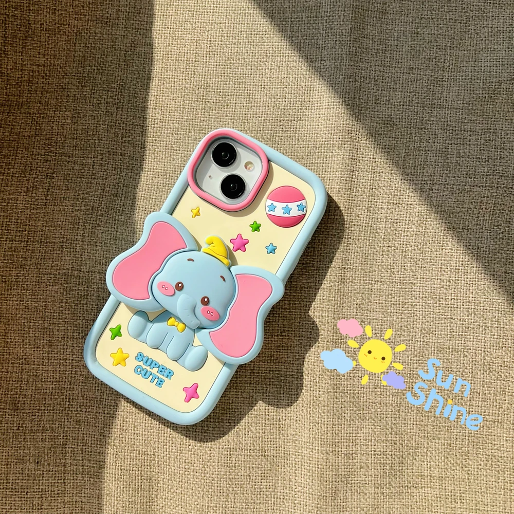 

17Pro For iPhone 11 12 13 14 15 16 ProMax 3D Cute Cartoon Elephant Soft Silicone Phone Case Back Cover Shell Skin Folding Holder