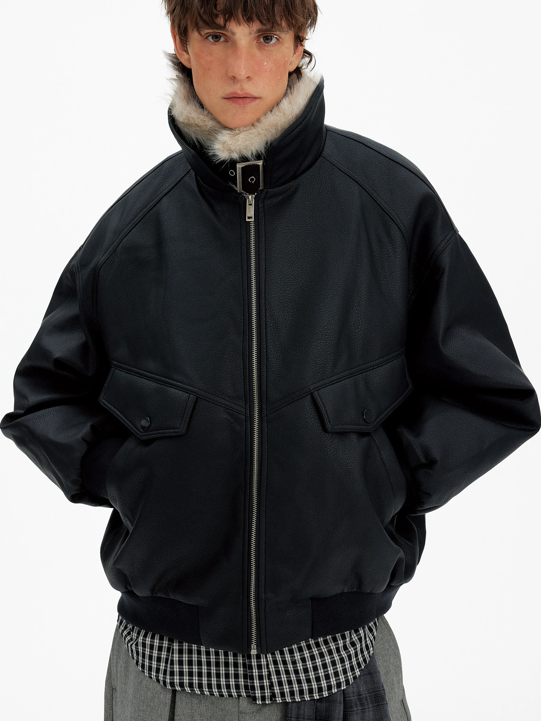 

Ретро-куртка в американском стиле с меховым воротником, комбинированная из кожи и хлопка, для мужчин и женщин, зимняя теплая, с черным воротником-стойкой, дизайн Sount E...