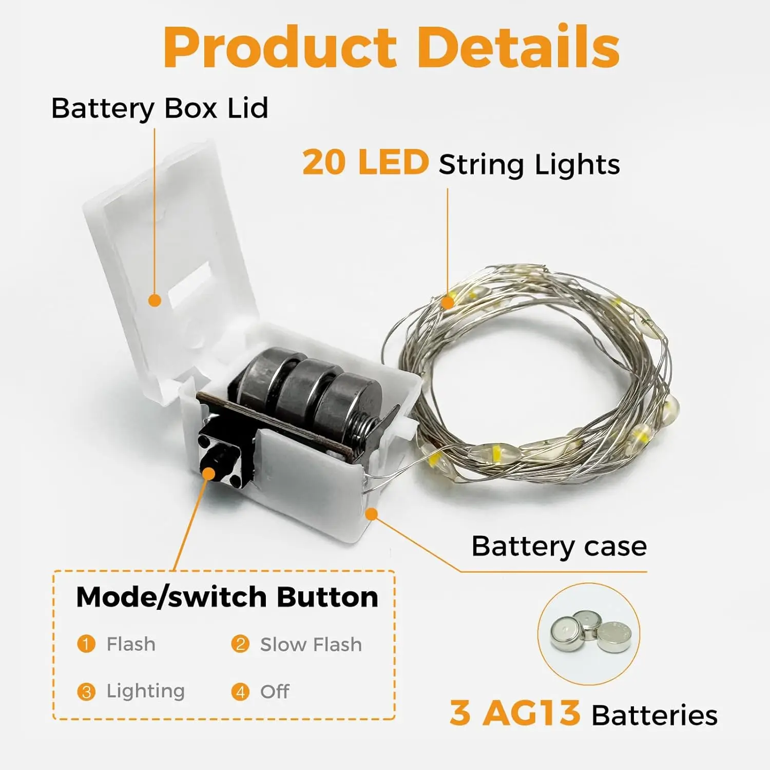 20 Pack DIY LED String Lights 2m 3 Modes Battery Powered Fairy Lights Warm White Multi Color for Christmas Holiday Party Decor