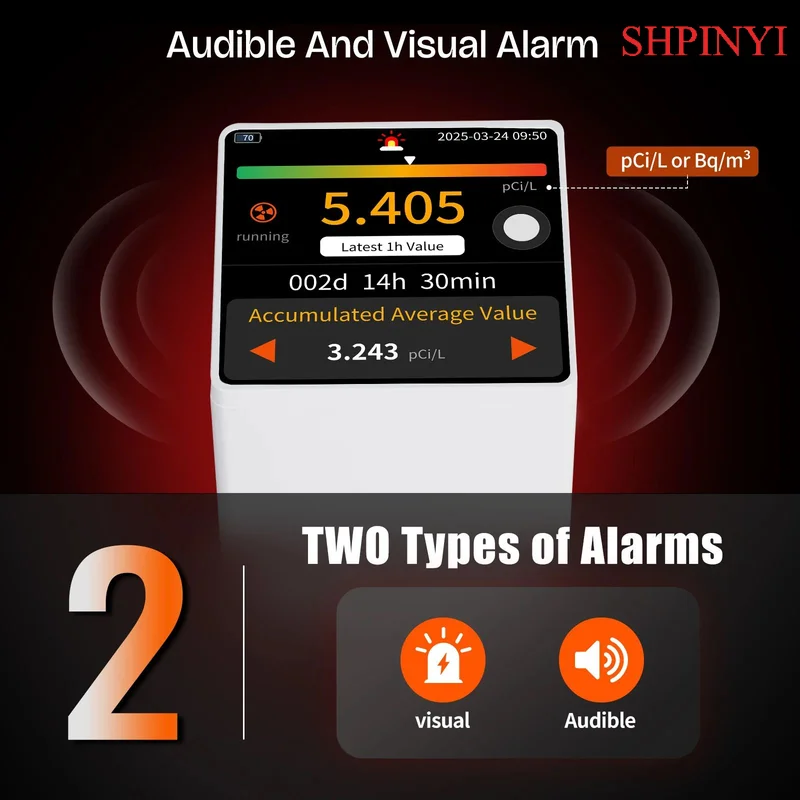 Radon Detector Audible Visual AlarmTouchscreen LCD Color Display, Long-Term Radon Gas  Detector Monitoring PCi/L or Bq/m³