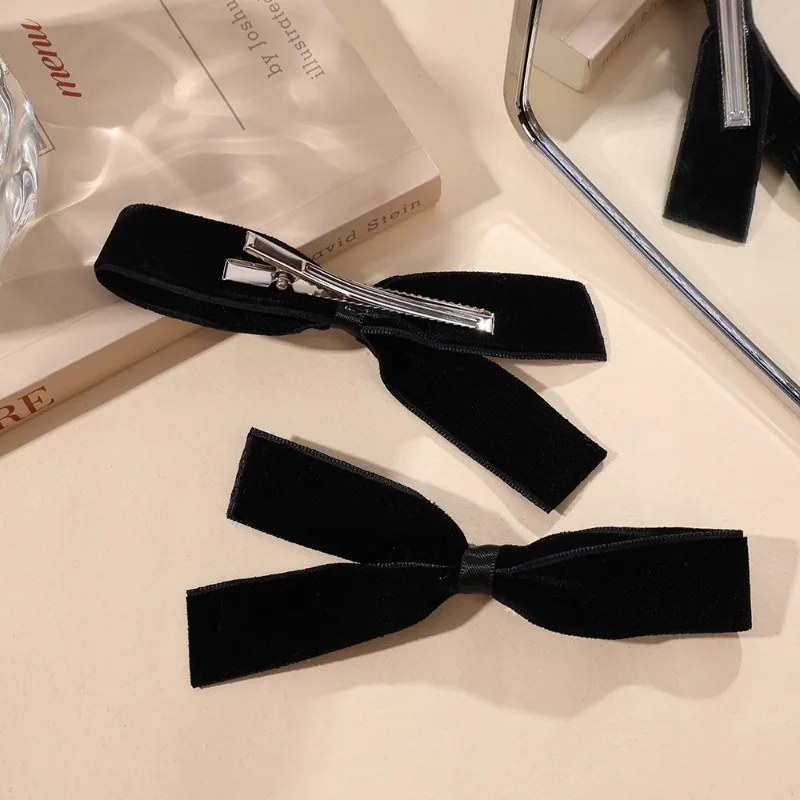 French Black Velvet Bow Hair Clip Fashion Retro Girl Barrettes Cute Women Bobby Pin Ribbon Bowknot Hairside Headwear Accessories