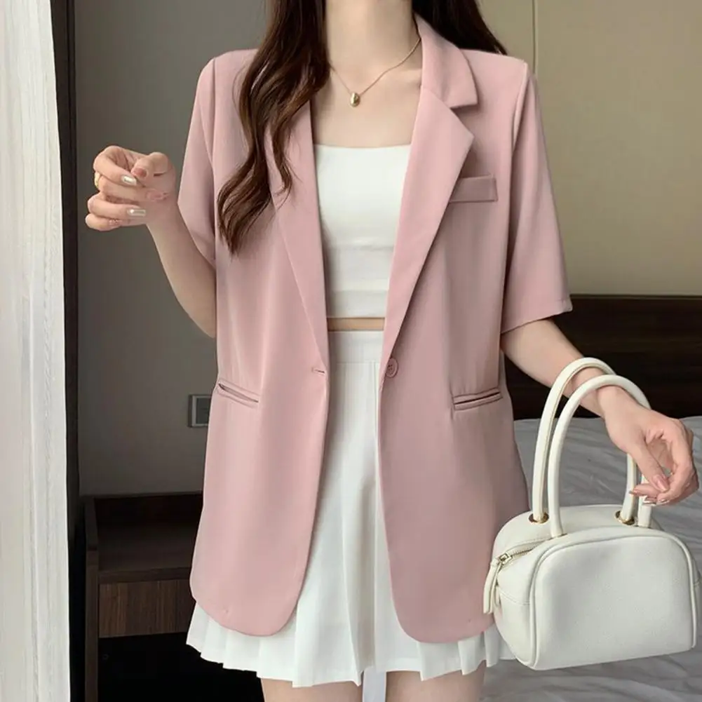 One Button Closure Suit Jacket Versatile Women's Short-sleeved Suit Coat Solid Color Button Closure Casual Work for Business