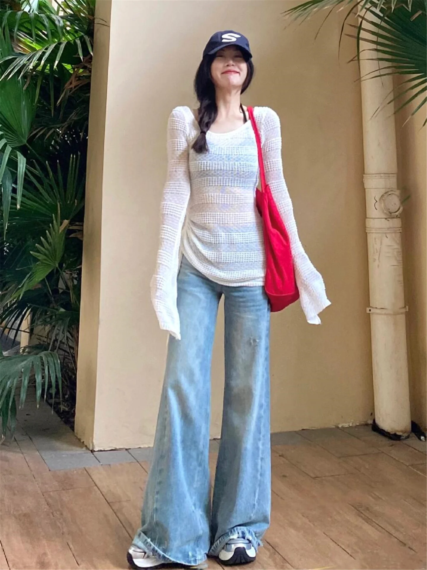 

American High Street Design Wide Leg Jeans Women's Loose Drapey Tall Extended Micro Flared Pants Spring Casual Wear Cotton