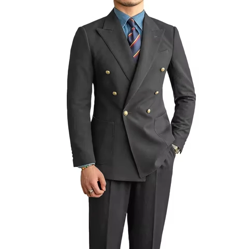 Double Breasted Men Suits Slim Fit Business Suits 2Pcs Jacket Pants Metal Buttons Solid Color Man Suit Set