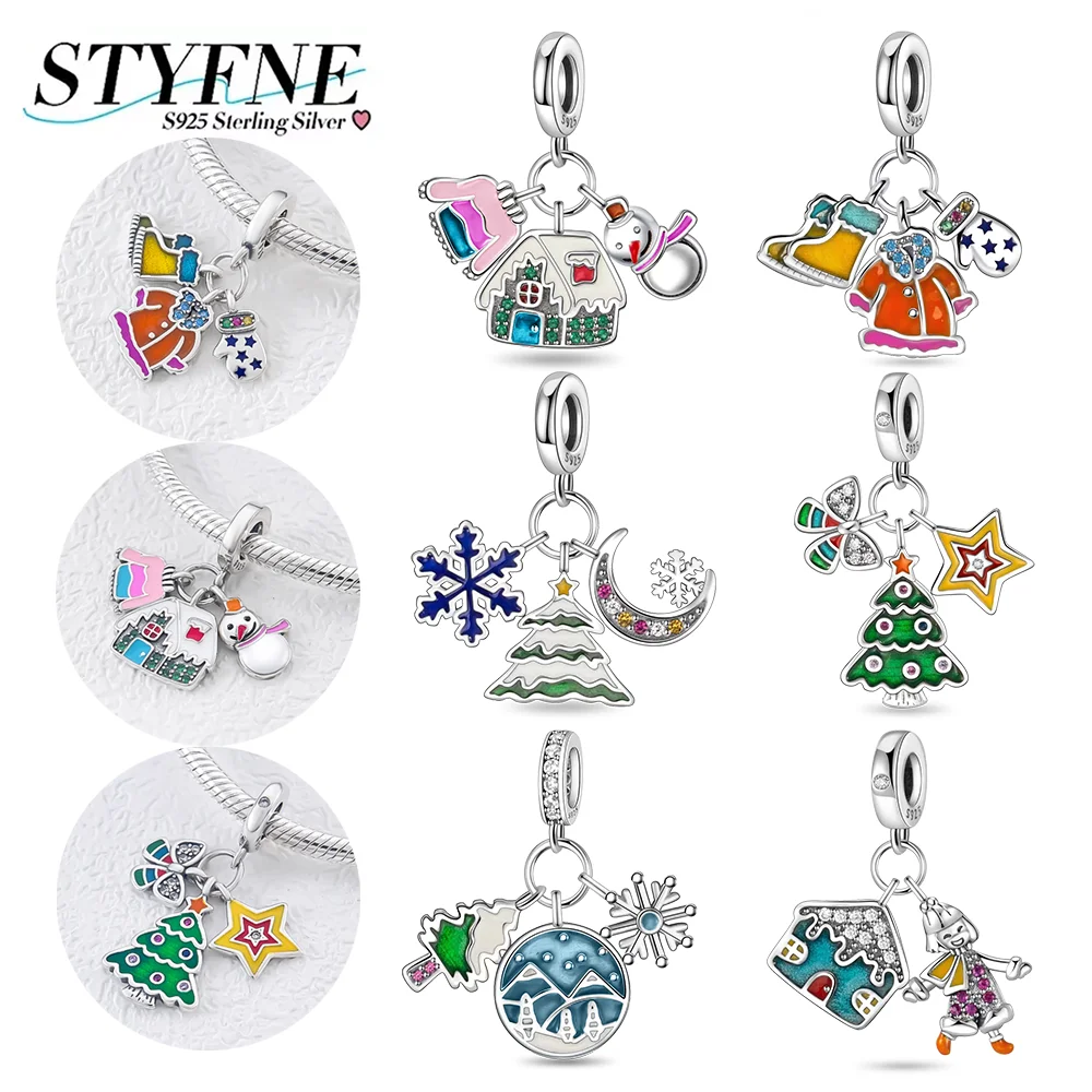 

925 Silver Christmas Element Charms Christmas Tree Snowflake Snowman Beads Pendant for Original Bracelet Jewelry Gift Making