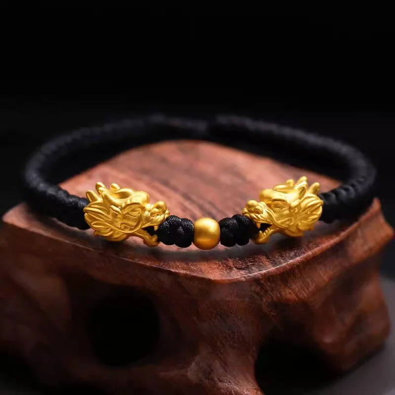 

Men Women AU999 24K Gold Color Dragon Bracelet, Lucky Transfer Bead, Black Braided Rope Couple Jewelry Wholesale