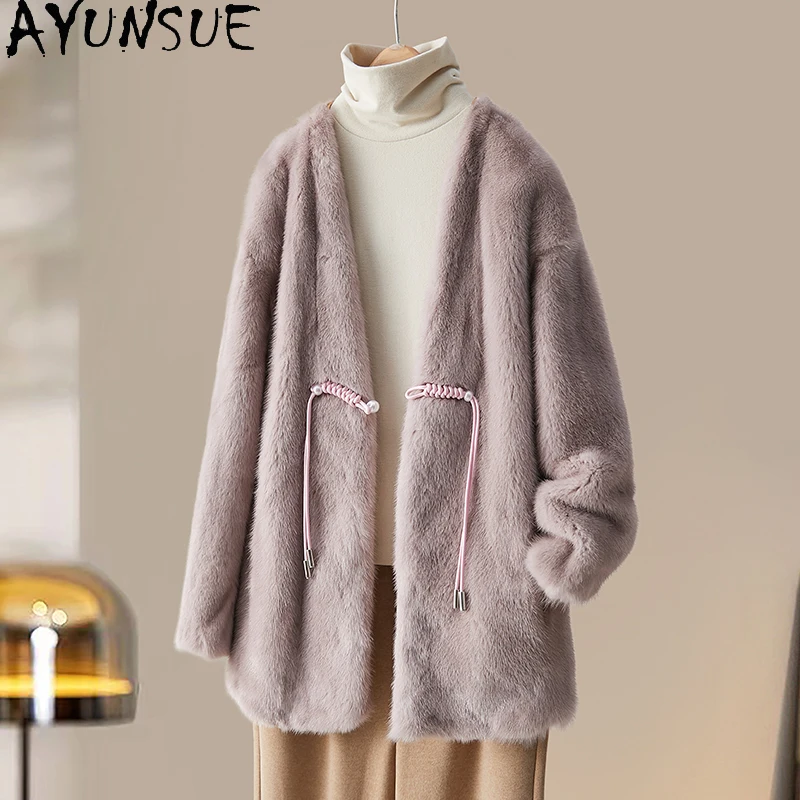 

AYUNSUE 2025 Осенне-зимняя куртка из натурального норкового меха, женская куртка из натурального меха с v-образным вырезом для женской одежды, роскошная цельная норковая шуба Женская