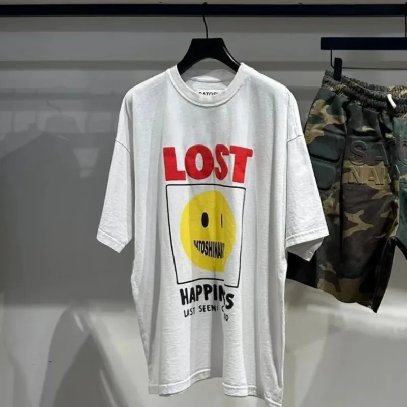 Lost Yellow Face Printed Letter Logo Washed White Round Neck Short Sleeve Summer Oversize SATOSHI Tshirts Men Women Streetwear