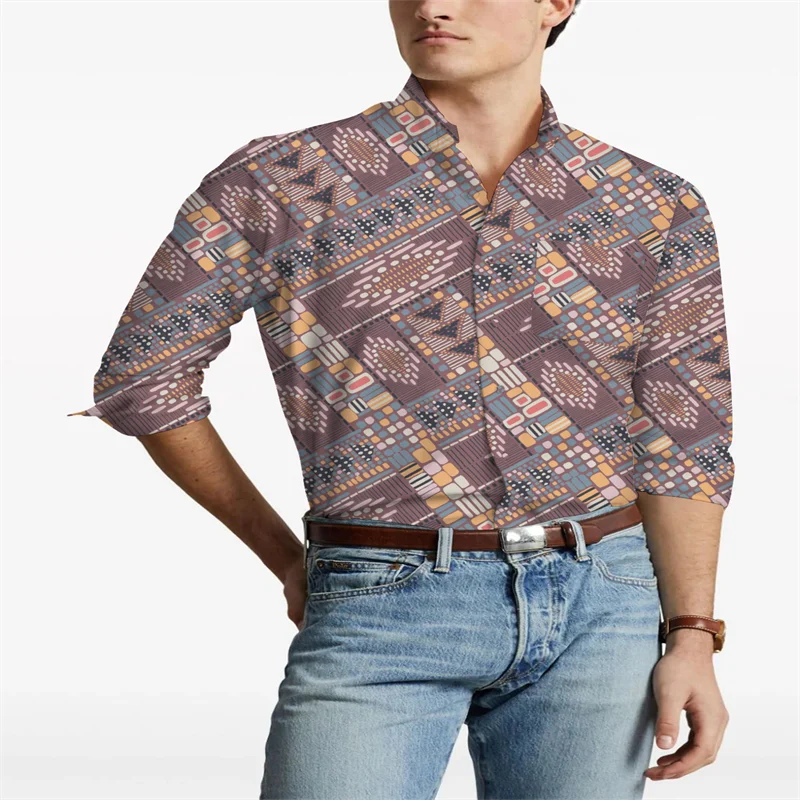 

New men's button up shirt with geometric pattern printed long sleeved shirt top style street wear