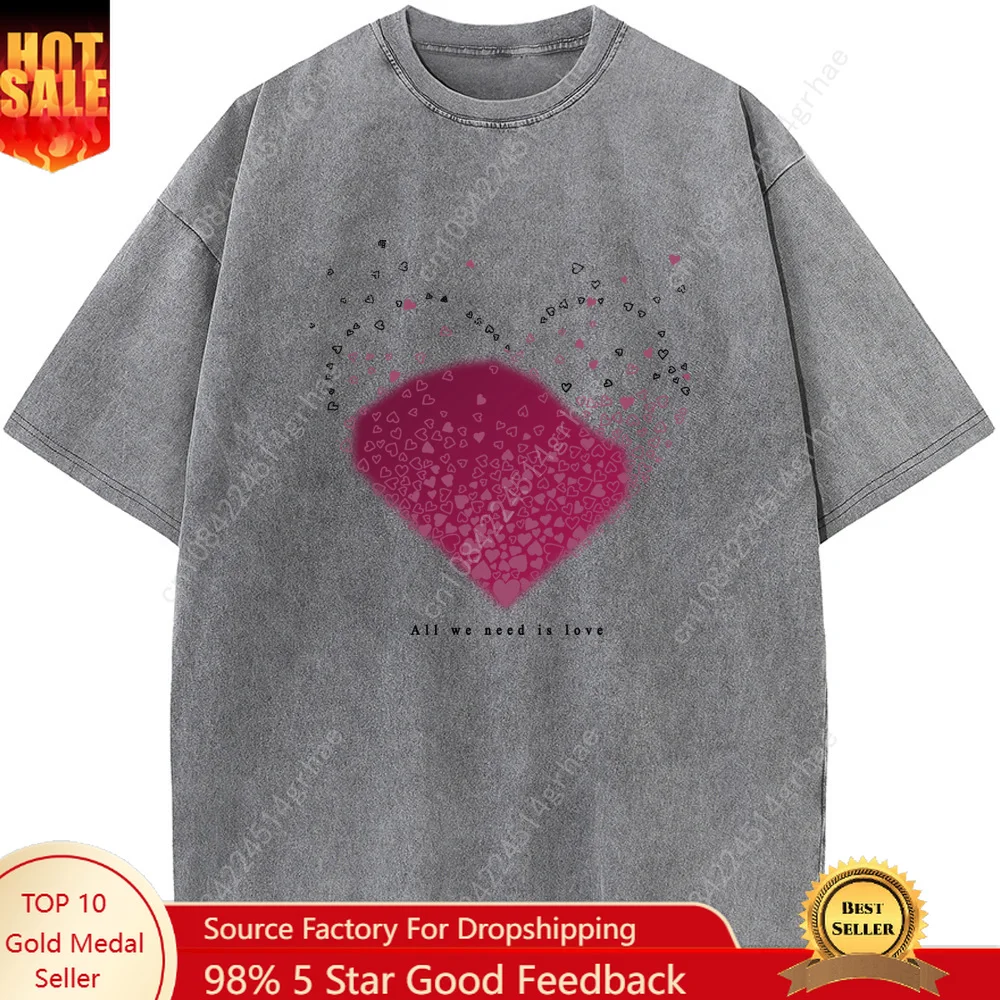 

Vintage love cartoon printed crew neck cotton short-sleeve fashion unisex T-shirt