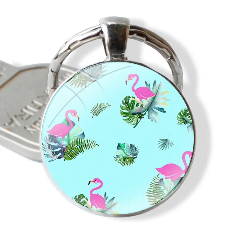 Porte-clés flamants d'été, cabochon en verre fait à la main, pendentif