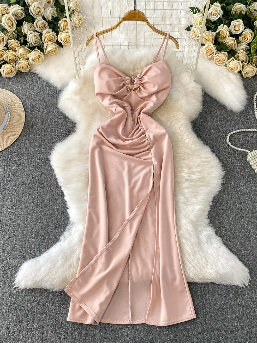 Foamlina Vestido largo de satén con abertura para mujer, vestido veraniego con tiras para mujer, fiesta de vacaciones, elegante, Sexy, con cuello en V, sin espalda, blanco acolchado