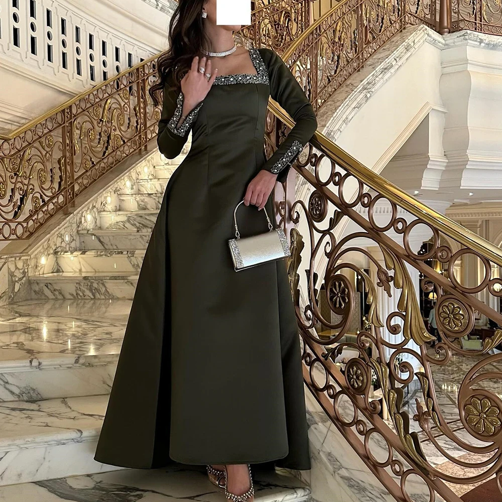 Modern Green Satin A-Line Evening Dress Formal Floor Length Square Neck Sweep Train Pleats Beading Long Sleeves Zipper Back