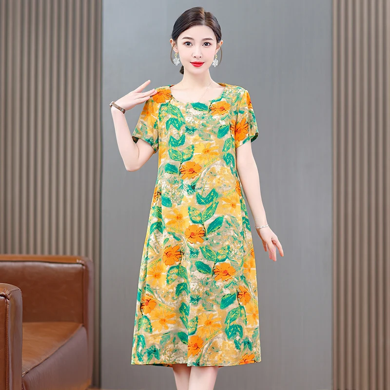 

Chic and Elegant Woman Floral Dress Summer 2023 New High Quality Middle Aged Women's Sundress Short Sleeve Vintage Midi Dress