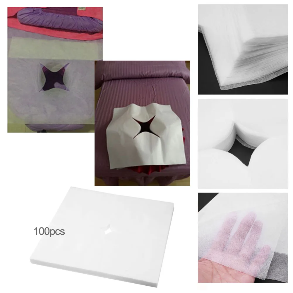 100pcs Massage Table Face Hole Cover Non-woven Fabric Disposable Massage Bedside Pads Square Head Pads Folding for Salon Beauty