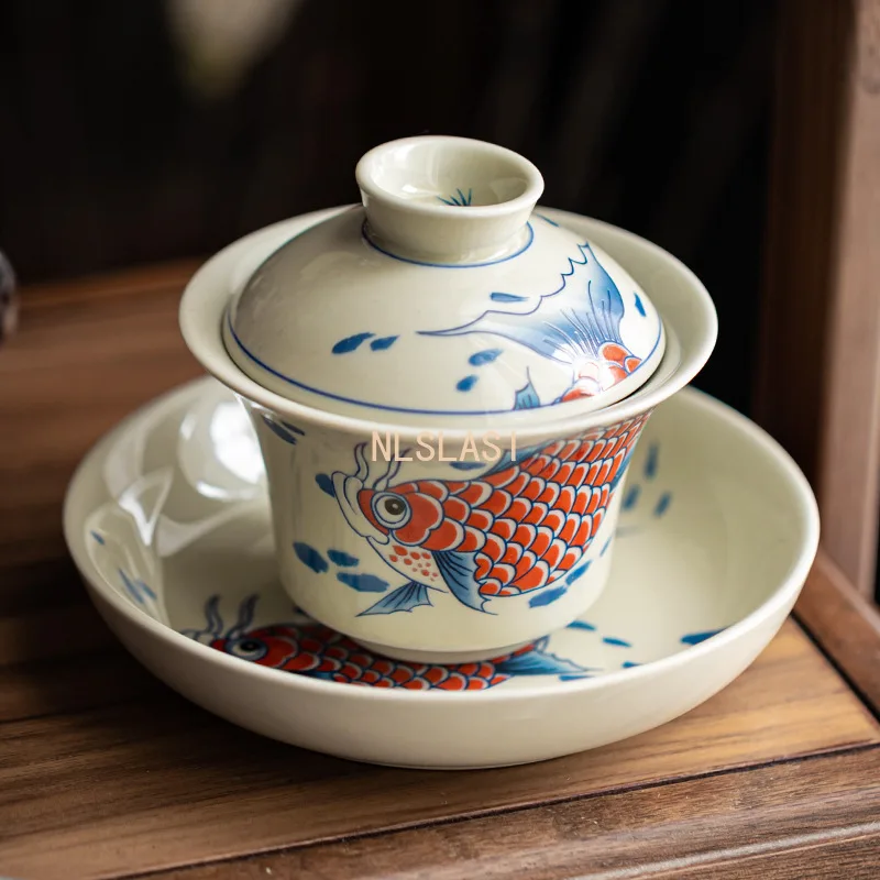 طقم شاي صيني طقم شاي سيراميك منزلي وعاء مغطى بالأسماك الذهبية أدوات شرب المطبخ سيراميك كونغ فو ، طقم شاي Pu Erh