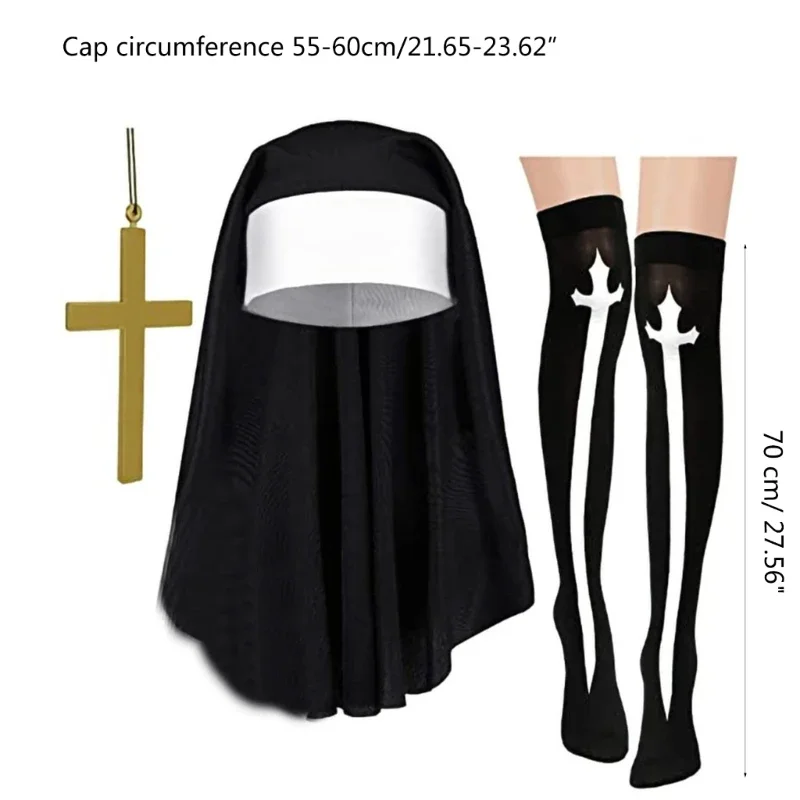 Set costumi da suora 3 pezzi accessori da suora Halloween per donne ragazze oggetti scena Cosplay R7RF