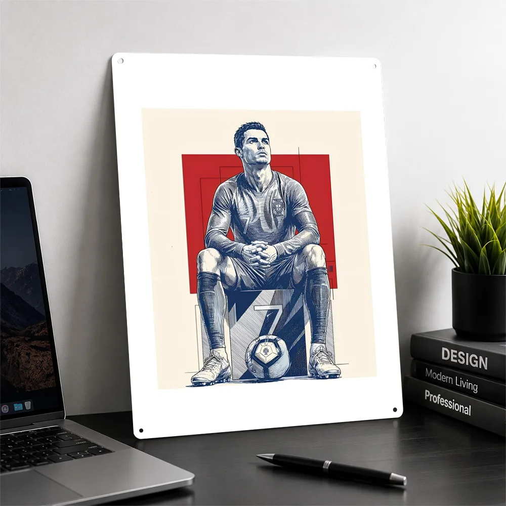 Cristiano Ronaldo Sitting With Soccer Ball Poster Retro 3D Printed Metal Signs Customized Wall Hanging Gift for Home Decorations