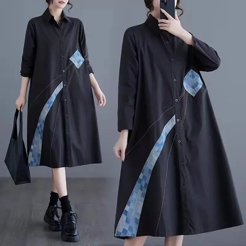 

Clothes 2024 Spring/Summer New Large Size Women's Wear Splicing Casual Style Loose And Slim Medium Length Shirt Dress Z4898