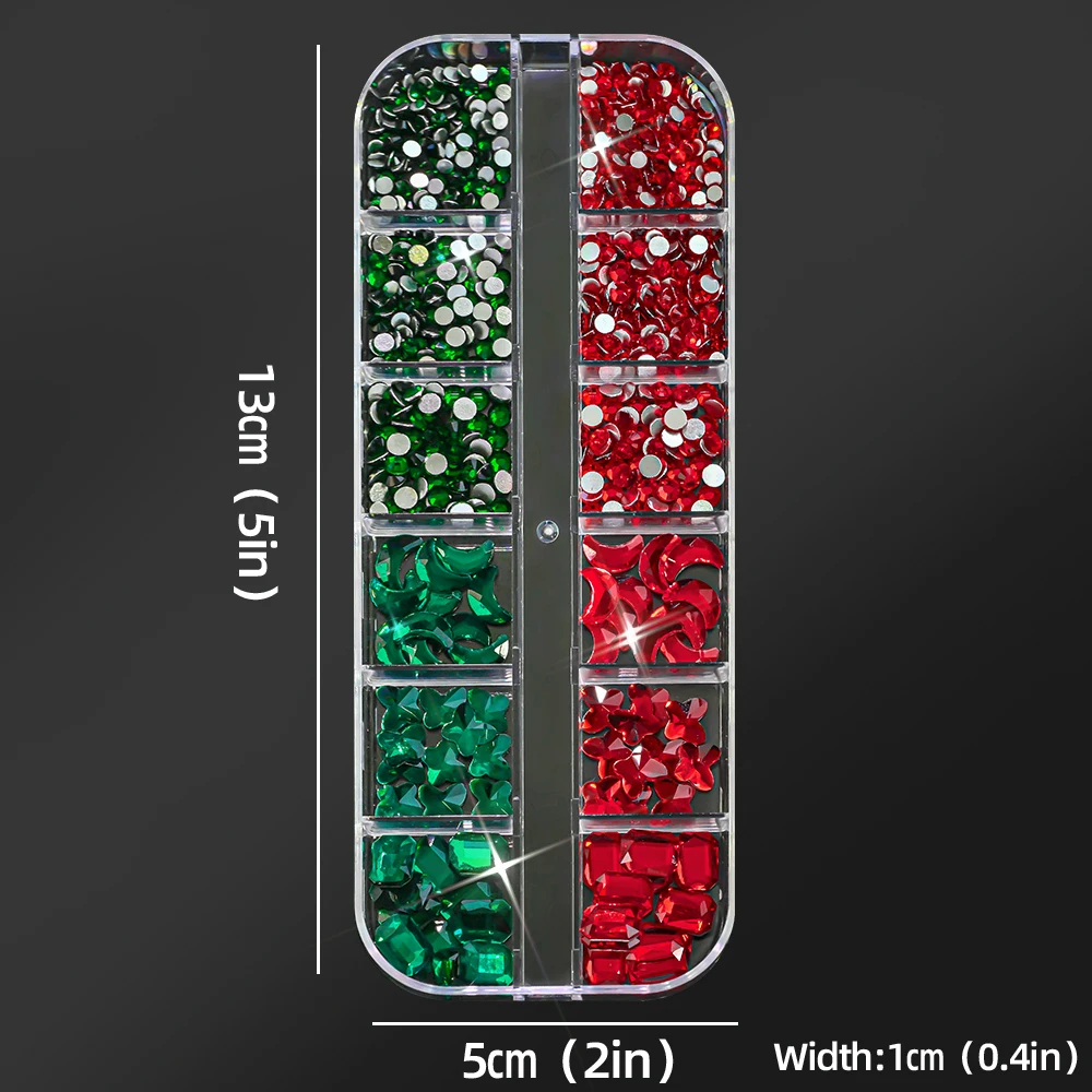12グリッド レッドグリーン クリスマスネイルラインストーン 3Dガラス ラウンド/ムーン/バタフライ/スクエア グリッターネイルジュエリー ジェム クリスタル マニキュアデコ