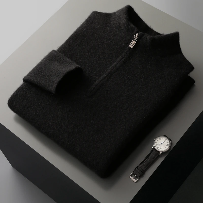 Maglione di cashmere Maglione lavorato a maglia con mezza zip Maglione base con colletto alla coreana da uomo Autunno Inverno Nuovo maglione di lana pullover con strato interno