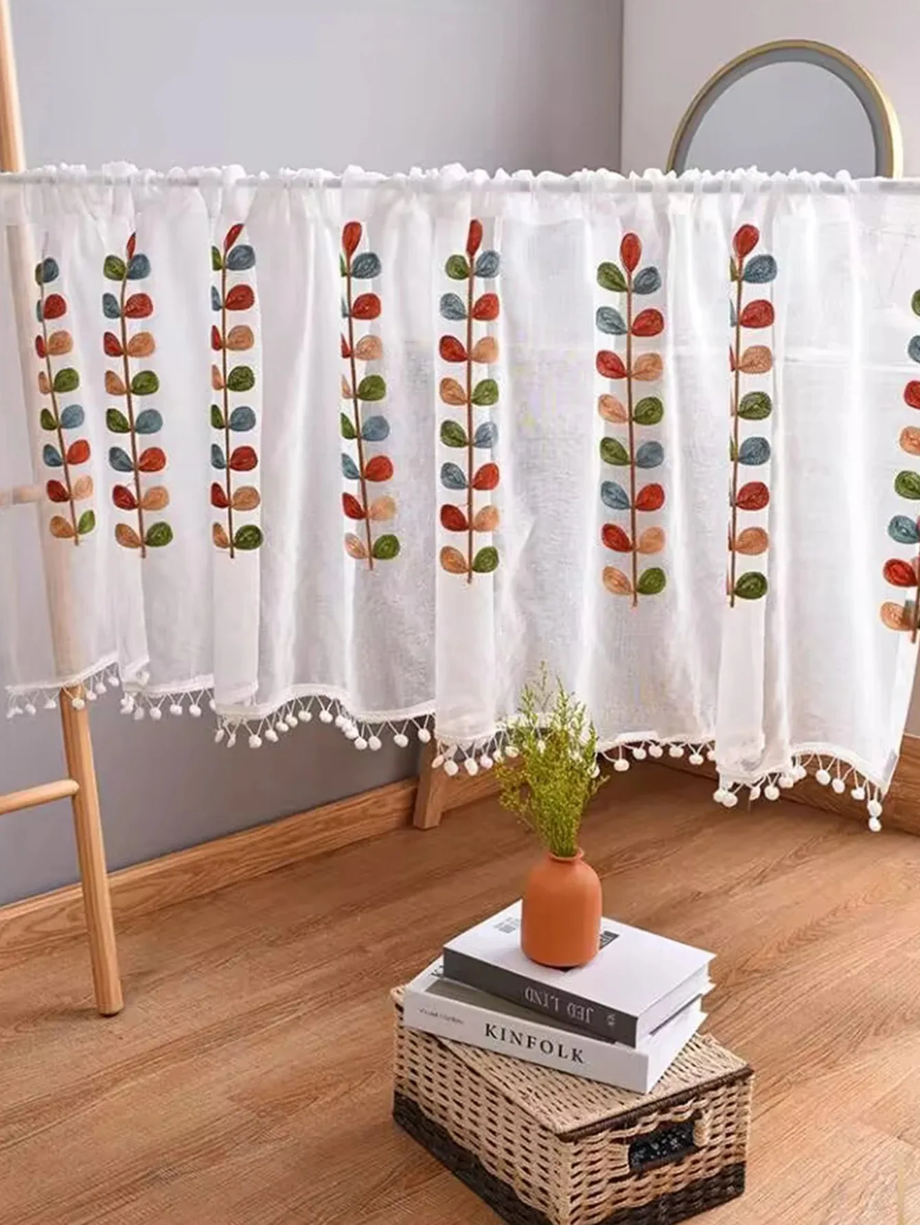 Weißer Spitzen-Transparent-Volant, Rustikaler Volant mit Schienenfassung, Fensterdekoration für Schlafzimmer, Bauernhaus, Badezimmer, Küche, Blattmuster