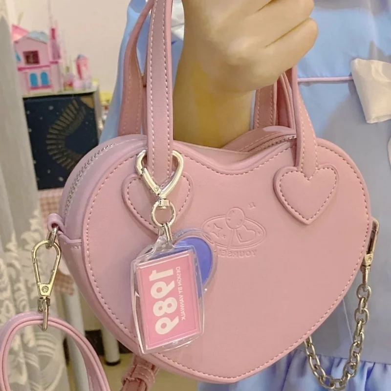 Sweet PU Heart Bags Teenage Girls Lolita Crossbody Bags Elegant Cute Pink JK Handbag All Match Kawaii Uniform Bolso Mujer