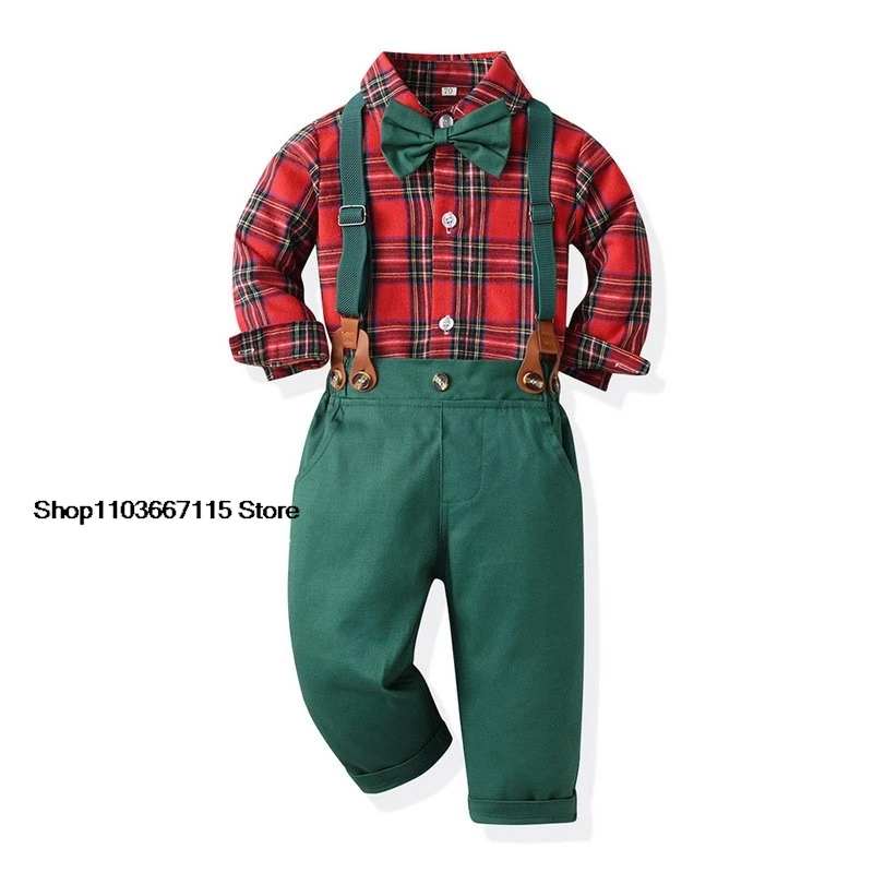 Children's Christmas Costume Boys' checkered long sleeved Cotton Formal Shirt+Suspender Pants 2PCS Suit Kids Christmas Outfits