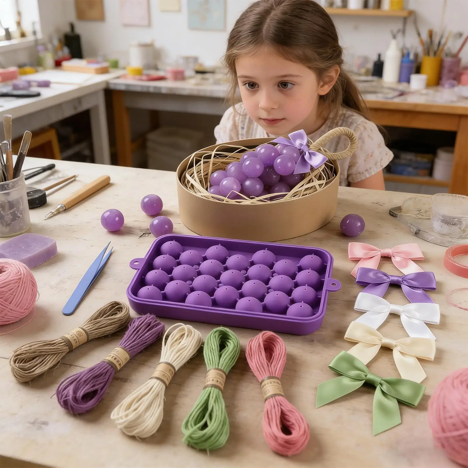 Grape Soap Mold Easy-Release Food-Grade Craft Mould with Jute Rope DIY Soap Making Kit for Mother's Day Teacher's Day Birthdays