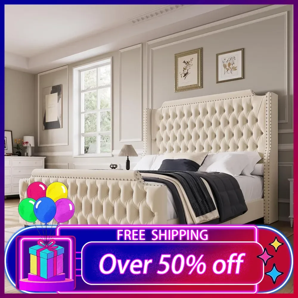 

Queen Size Platform Bed Frame with 54" Tall Wingback Headboard & Deep Button Tufted Footboard, Velvet Upholstered Bed Frame