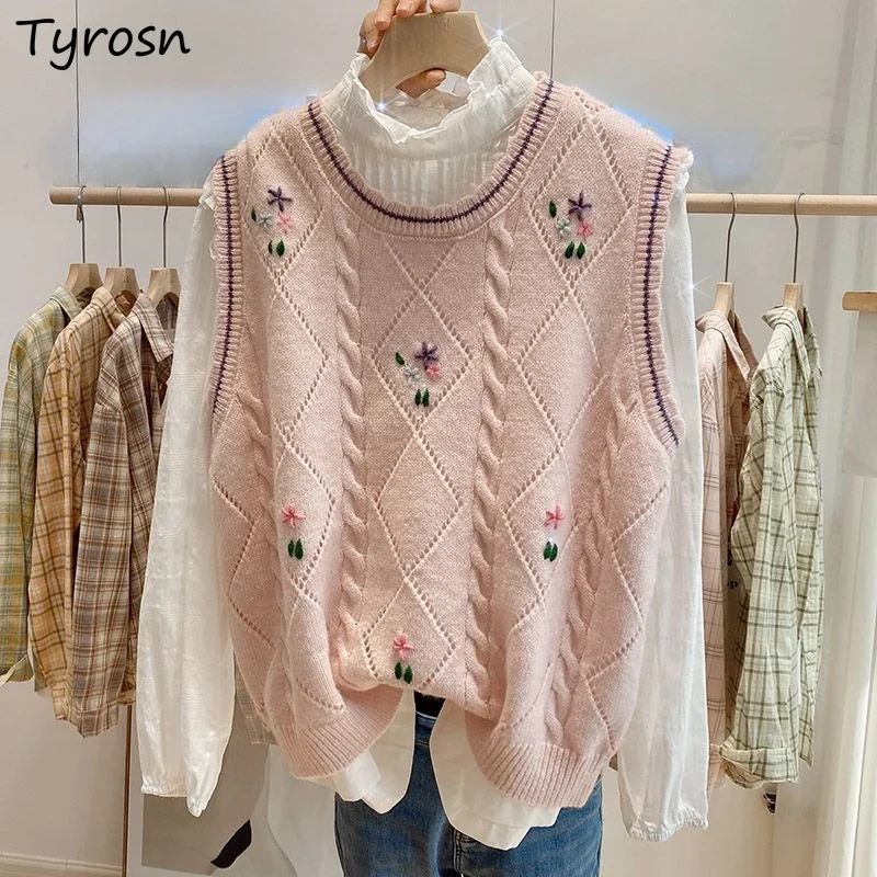 

Sweater Vest Women Loose Soft Trendy Sweet Casual Fashion Embroidery O-neck Floral Spring Autumn Sleeveless Knittedwear Girls