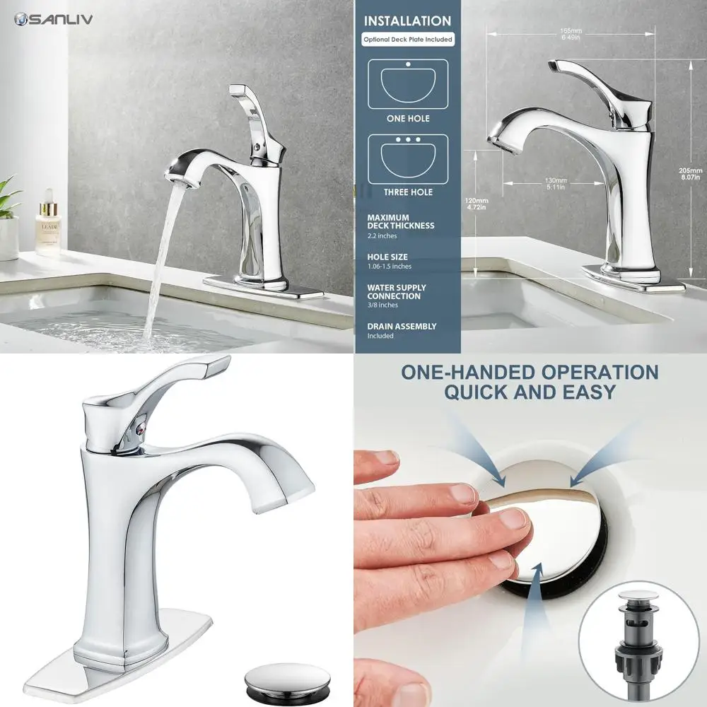 

Однорычажный смеситель для раковины с центральным креплением, с выдвижным сливом, декоративной накладкой, подходит для установки на 1 или 3 отверстия, в современном фермерском стиле