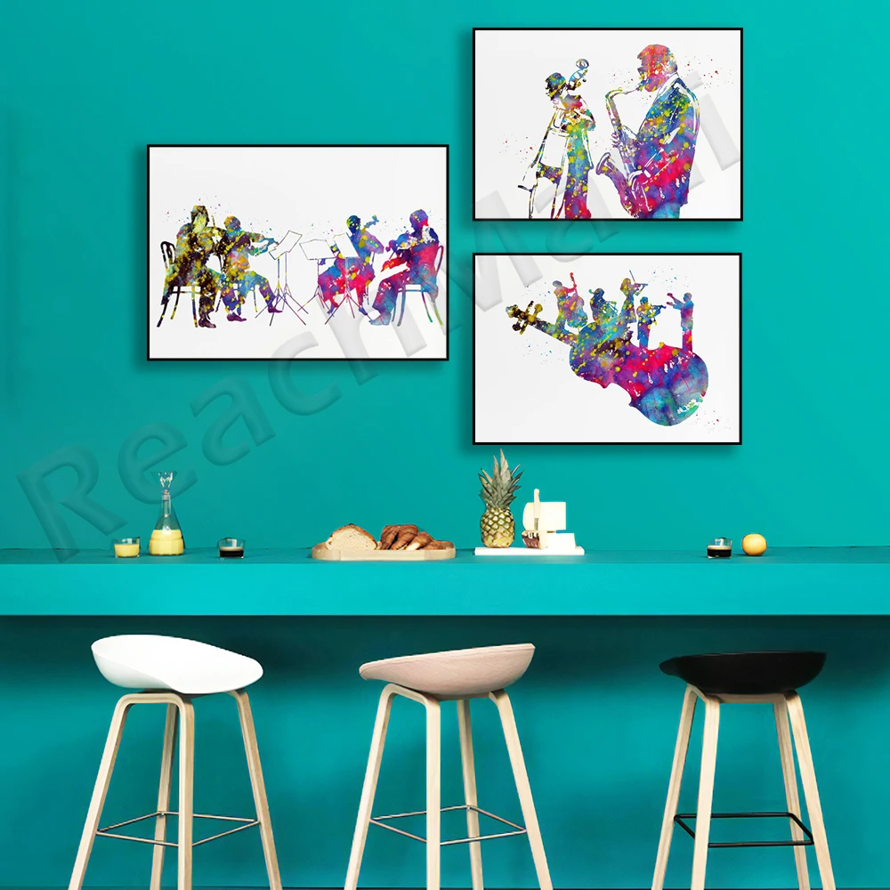 Conductor and baton orchestra, saxophonist, orchestra classical music, saxophone jazz and double bass music watercolor poster