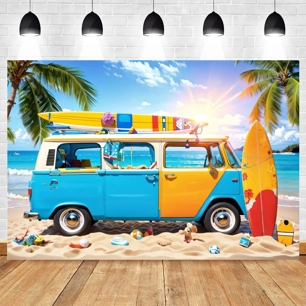 Summer Seaside Beach Party Photography Backdrop Sea Ocean Tropical Palm Leaves Flowers Surfboard Birthday Party Photo Background