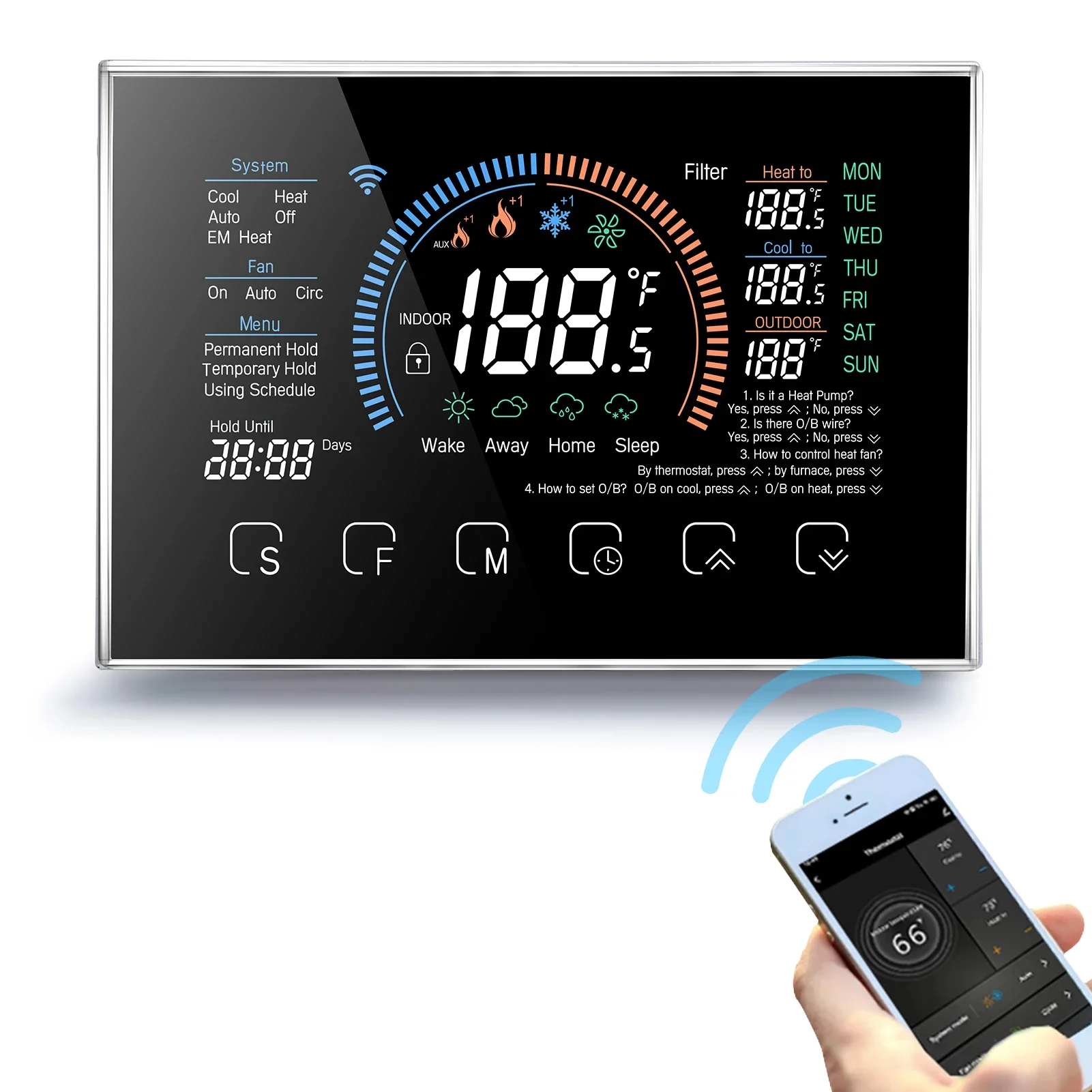 WiFi Smart Heat Pump Room Thermostat Temperature Controller 4.8 Inch Color LCD Screen Programmable Touch Control/ Mobile APP