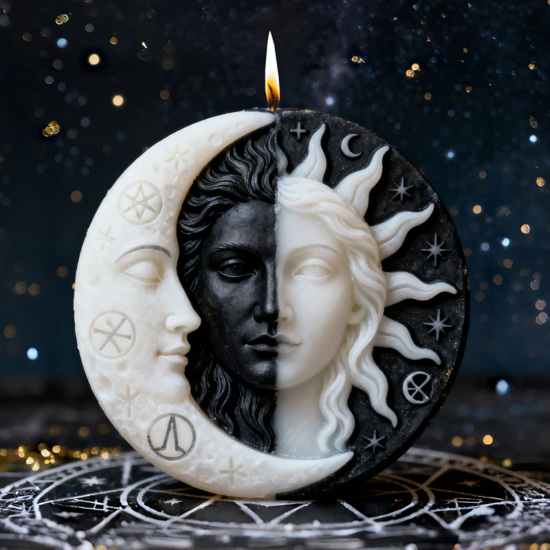 【Molde de silicona 3D de doble cara para velas de sol y luna】Molde de silicona para velas hechas a mano, diseño misterioso en relieve de sol y luna Yin-Yang en blanco y negro, molde de cera para aromaterapia, herramienta única para decoración ritual hecha