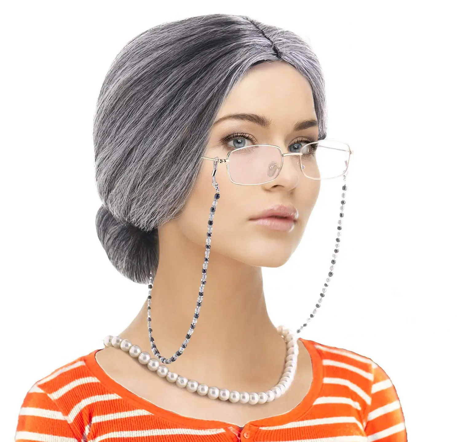 Old Lady Costume Set Grandma Madea Granny Wig Cosplay for Halloween 100th Days of School Costume,5 Pieces-Grandmother Wig,Wig Caps, Madea Granny Glasses, Eyeglass Retainer Chain,Pearl Necklace