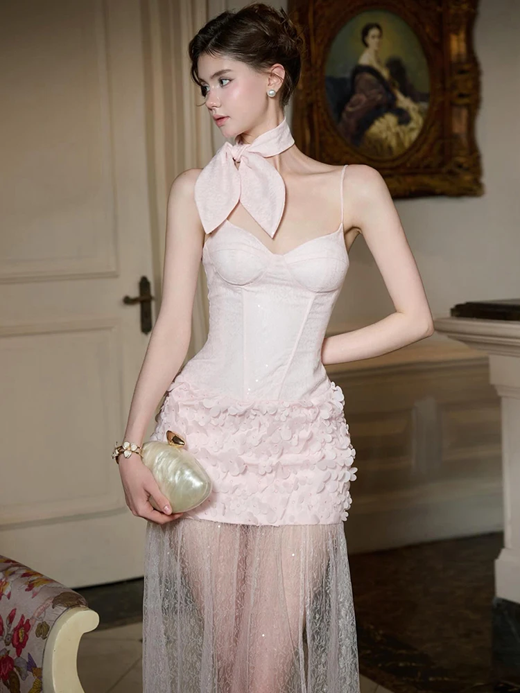 Vestido elegante de Kliou para mujer, vestido de cuello bajo, sin espalda, sin mangas, malla de retales, dobladillo, fiesta de graduación de medianoche, elegante Bodycon largo fruncido