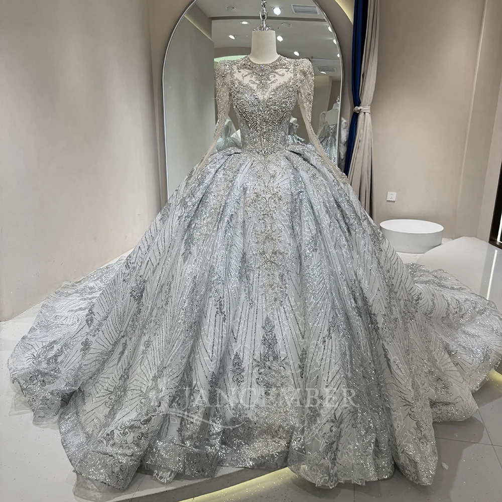 

Organza Ball Gown Wedding Dresses Long Sleeves Brush Train Bridal Gown Backless Bride Dress Beaded Customized свадебное