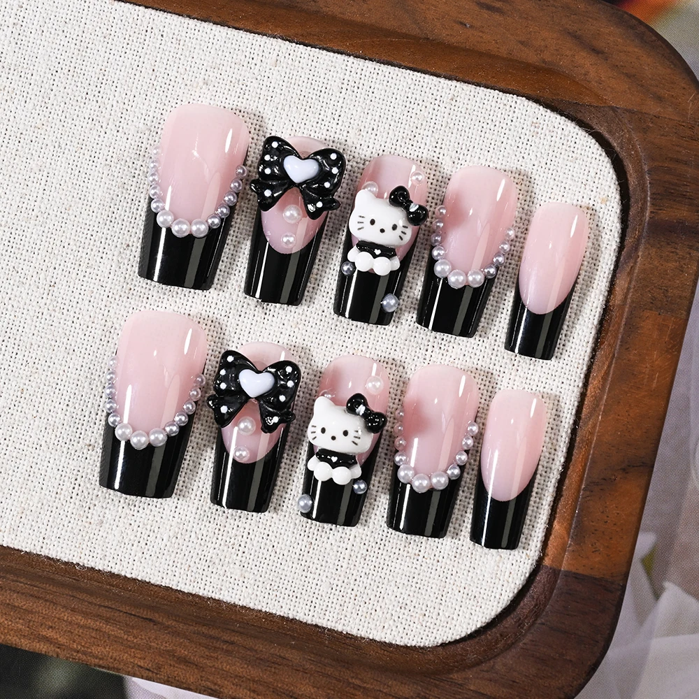 24Pcs Black Bowknot Hello Kitty Press-on-nails 3D Pearl Bow Coffin French False Nail Patches Y2k Cartoon Wearable Fake Nails #_%