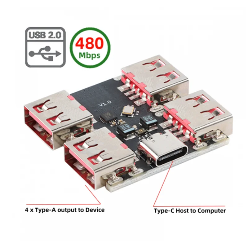 USB 2.0 1-to-4 Four Ports HUB PCBA PCs 4 Devices Type-C for Keyboard Mouse Scanner Printer