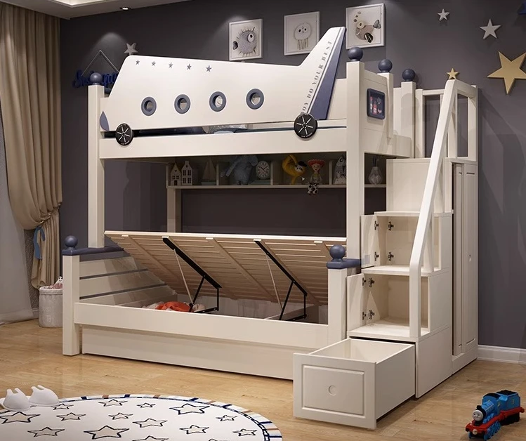 Two-Story Bunk Bed Small Apartment Bunk Bed Solid Wood Sliding Ladder Double Upper and Lower Bunk Cartoon Aircraft