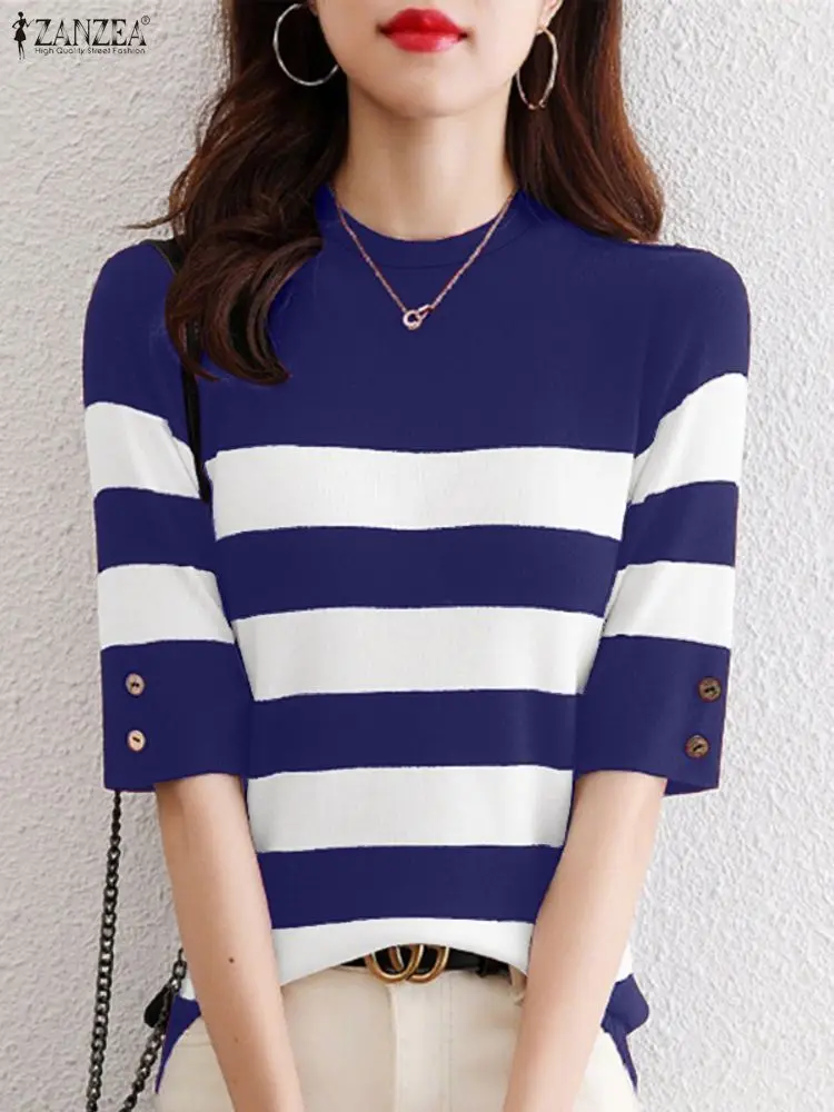 ZANZEA المرأة مخطط التباين اللون البلوزات عادية س الرقبة نصف كم أزرار تي شيرت الخريف الكورية موضة ملابس امرأة 3XL #5