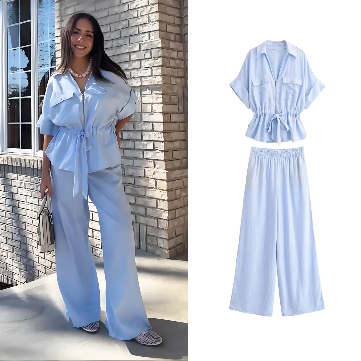 Conjuntos de pantalón azul elegante e informal para mujer o camisa de manga corta con cremallera y cordones para mujer o pantalón de pierna ancha para mujer