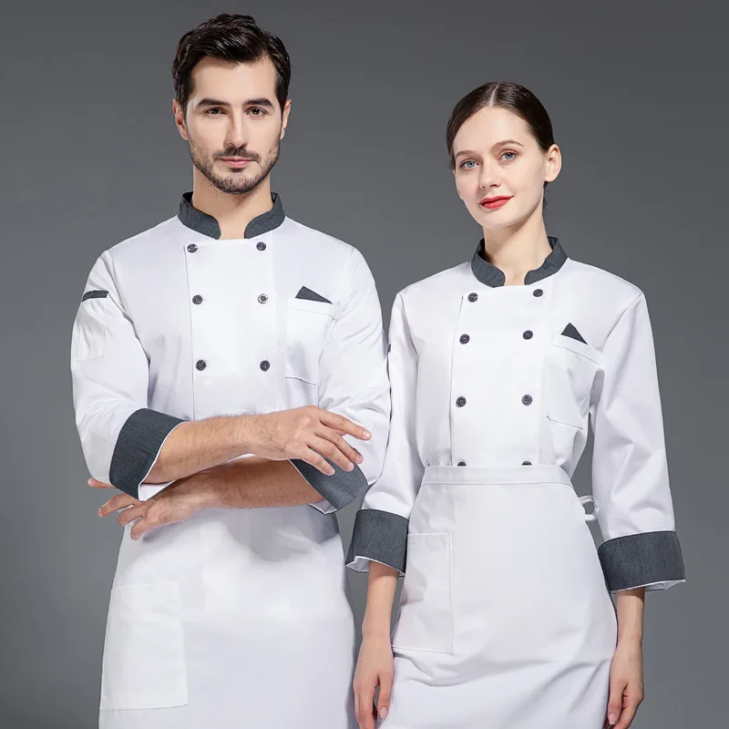 

C174 Chef's Overalls Unisex Chef Jacket Long Sleeve Men Women Crossover Cook Coat Restaurant Waiter Uniform Kitchen Baker Wear