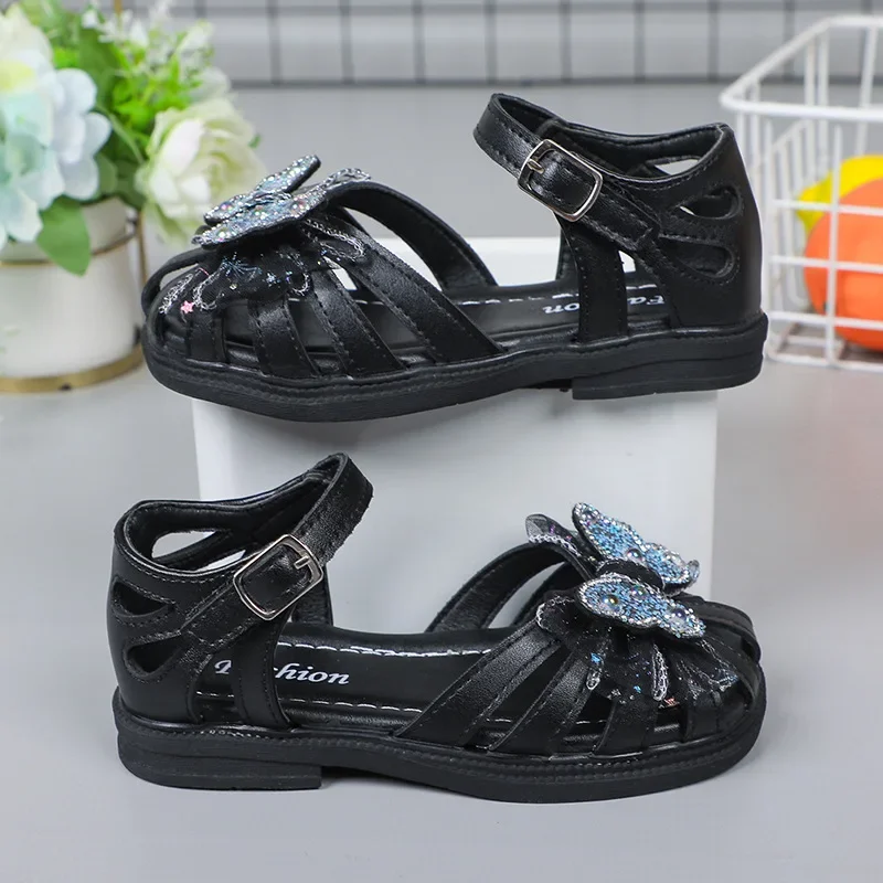 Sandales d'été pour filles, chaussures de plage princesse, découpes pour enfants, sandales en dentelle papillon en cristal, douces, respirantes, Anti-coup de pied, mignonnes, 2025