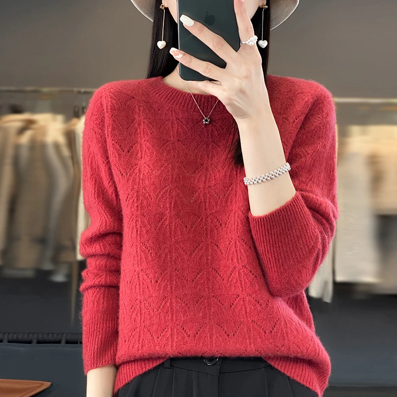 Pure Wool Women\'s O-neck Pullover Korean Fashion Hollow Knit Top Solid Color Sweater Autumn and Winter Women\'s Clothes