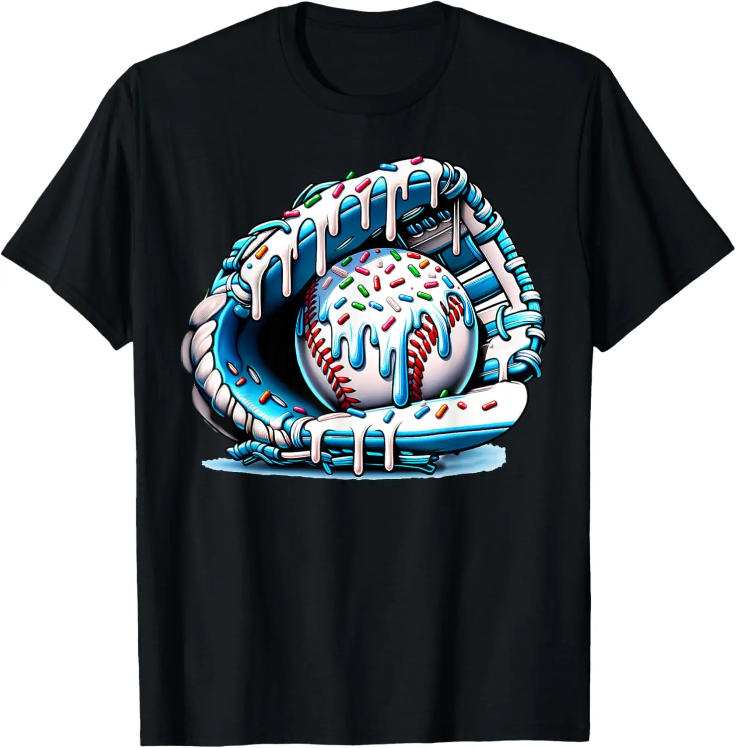 Baseball Drip Donut Icing Sprinkles Baseball Glove Graphic Tee Soft Breathable Cotton Casual Streetwear T-Shirt